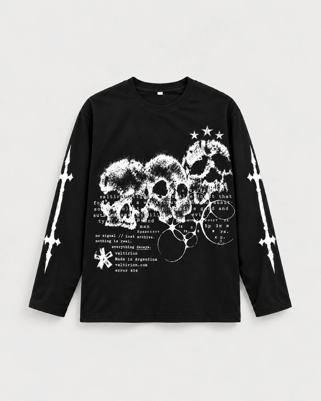 VALTIRION ERROR 404: remera negra de manga larga con gráfica original en blanco